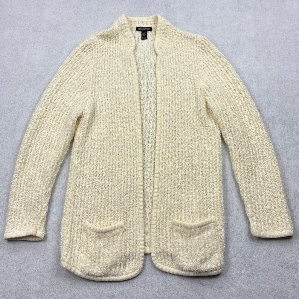 Vintage Joan Harper Cardigan Sweater Womens Medium Cream Chunky Ribbed Knit Coat
